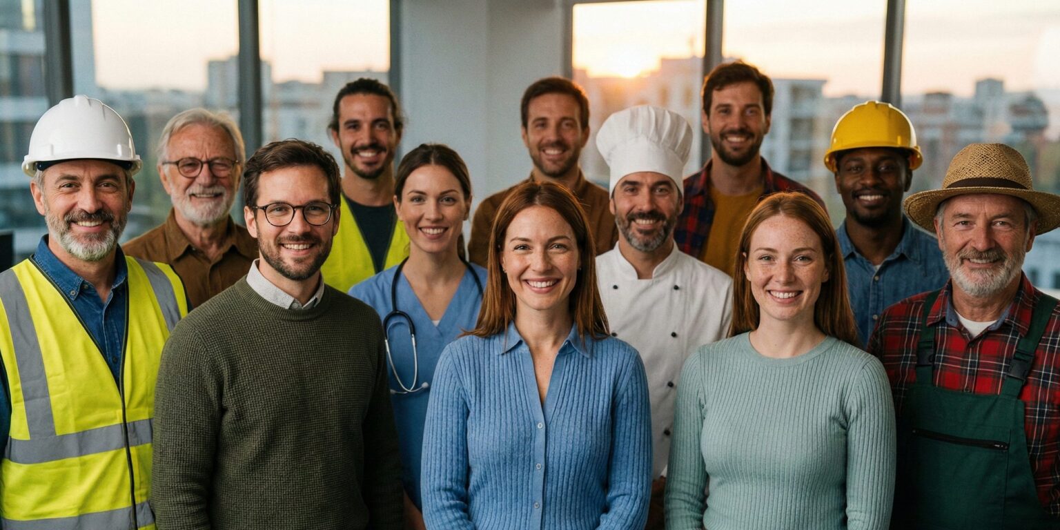 Gruppo di lavoratori di settori diversi: edilizia, sanità, ristorazione, agricoltura e ufficio